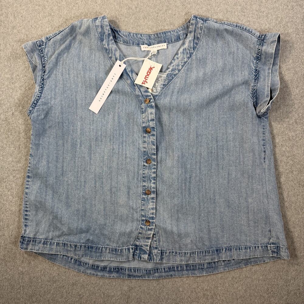 Jane & Delancey Women's Large Chambray Button Front Top Blouse V-Neck New